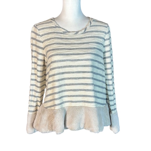 Maeve Tops - Maeve Astor Top Women's Medium Grey Cream Striped Faux Fur Trim Hem Long Sleeve